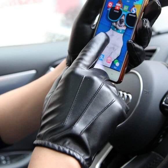 Men's  Black Long Keeper Leather Touchscreen Winter Driving Warm Wrist Gloves - Picture 5 of 7